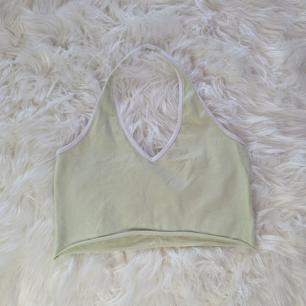 Brandy Melville Sage Green Cotton Halter Crop Top White Trim V-Neck One Size